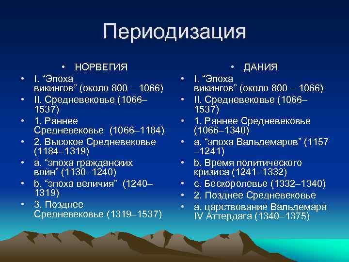 Периодизация • • НОРВЕГИЯ I. “Эпоха викингов” (около 800 – 1066) II. Средневековье (1066–