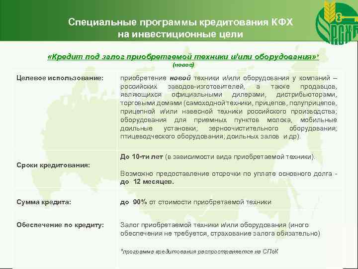 Специальные программы кредитования КФХ на инвестиционные цели «Кредит под залог приобретаемой техники и/или оборудования»