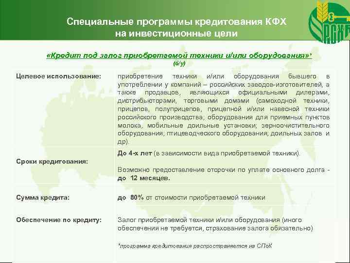 Специальные программы кредитования КФХ на инвестиционные цели «Кредит под залог приобретаемой техники и/или оборудования»