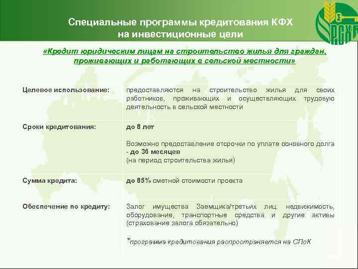 Специальные программы кредитования КФХ на инвестиционные цели «Кредит юридическим лицам на строительство жилья для