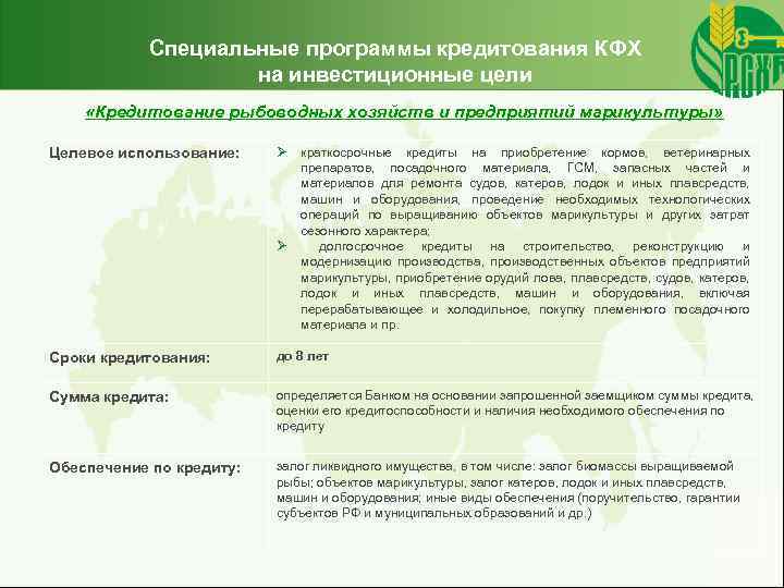 Специальные программы кредитования КФХ на инвестиционные цели «Кредитование рыбоводных хозяйств и предприятий марикультуры» Целевое