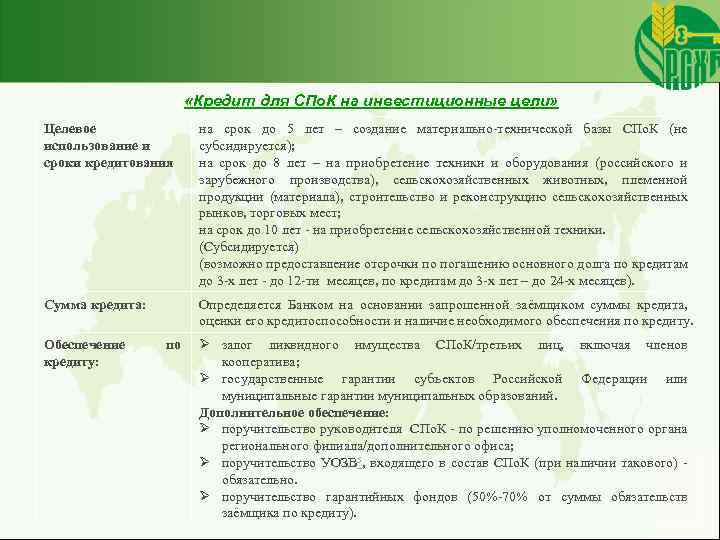  «Кредит для СПо. К на инвестиционные цели» Целевое использование и сроки кредитования на