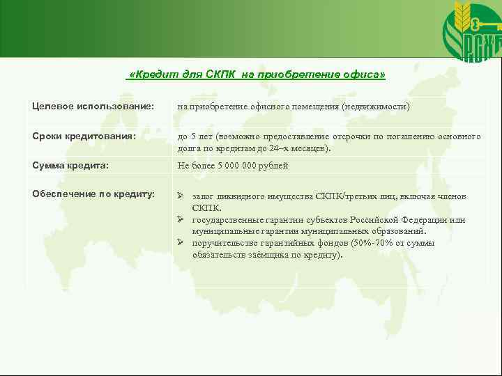  «Кредит для СКПК на приобретение офиса» Целевое использование: на приобретение офисного помещения (недвижимости)