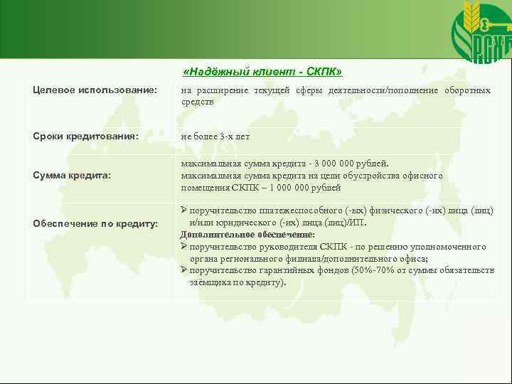 «Надёжный клиент - СКПК» Целевое использование: на расширение текущей сферы деятельности/пополнение оборотных средств