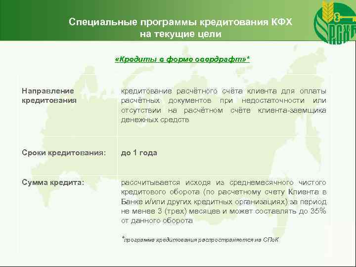 Специальные программы кредитования КФХ на текущие цели «Кредиты в форме овердрафт» * Направление кредитования
