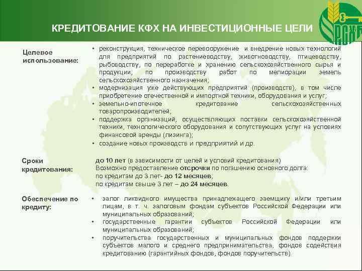 КРЕДИТОВАНИЕ КФХ НА ИНВЕСТИЦИОННЫЕ ЦЕЛИ Целевое использование: • реконструкция, техническое перевооружение и внедрение новых