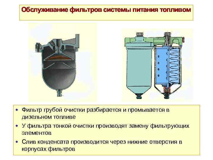 Обслуживание фильтров системы питания топливом Фильтр грубой очистки разбирается и промывается в дизельном топливе