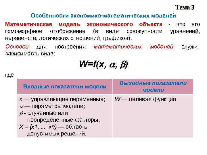 Тема 3 Особенности экономико-математических моделей Математическая модель экономического объекта - это его гомоморфное отображение