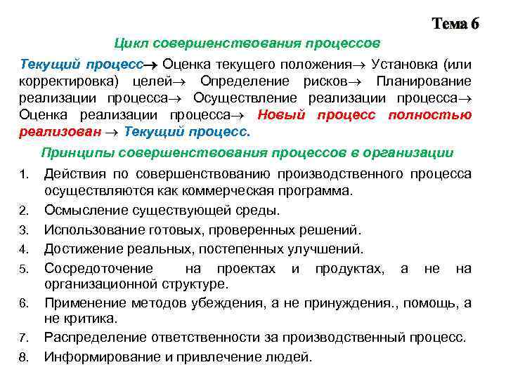 Тема 6 Цикл совершенствования процессов Текущий процесс Оценка текущего положения Установка (или корректировка) целей