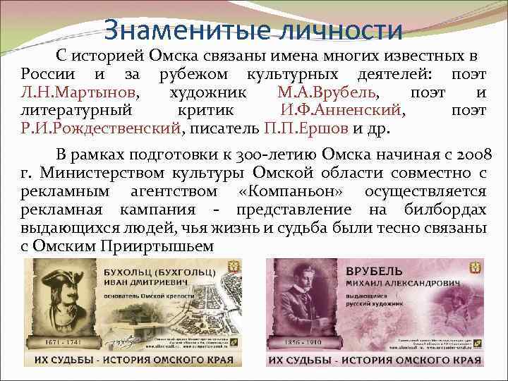 Знаменитые личности С историей Омска связаны имена многих известных в России и за рубежом