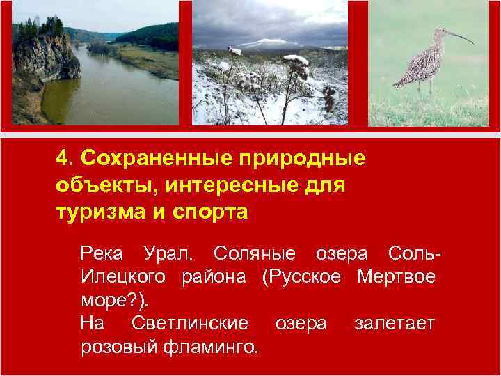 4. Сохраненные природные объекты, интересные для туризма и спорта Река Урал. Соляные озера Соль.
