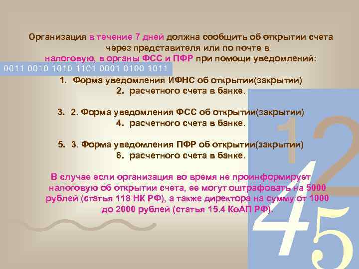  Организация в течение 7 дней должна сообщить об открытии счета через представителя или