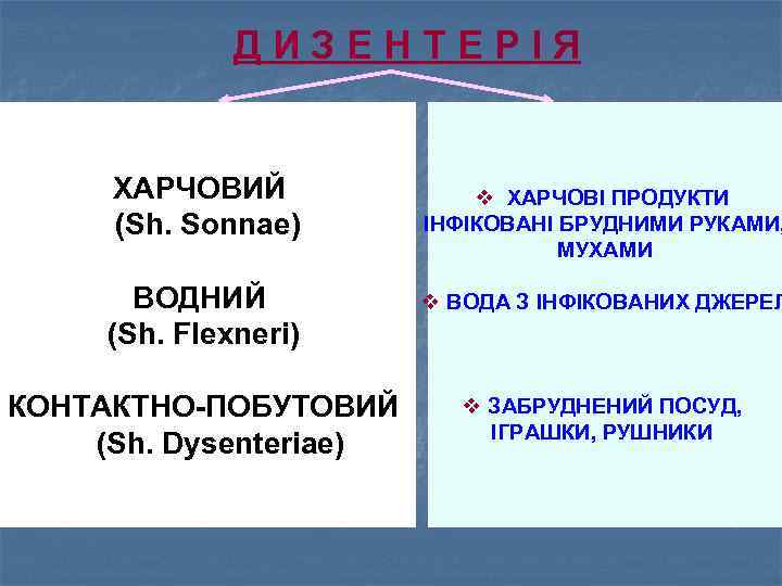 ДИЗЕНТЕРІЯ ХАРЧОВИЙ (Sh. Sonnae) v ХАРЧОВІ ПРОДУКТИ ІНФІКОВАНІ БРУДНИМИ РУКАМИ, МУХАМИ ВОДНИЙ (Sh. Flexneri)