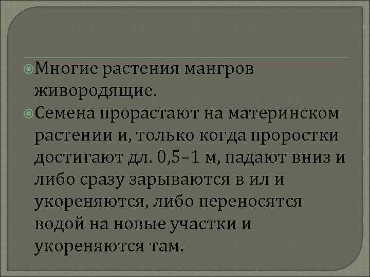  Многие растения мангров живородящие. Семена прорастают на материнском растении и, только когда проростки