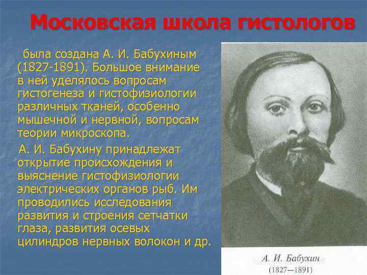 Московская школа гистологов была создана А. И. Бабухиным (1827 -1891). Большое внимание в ней