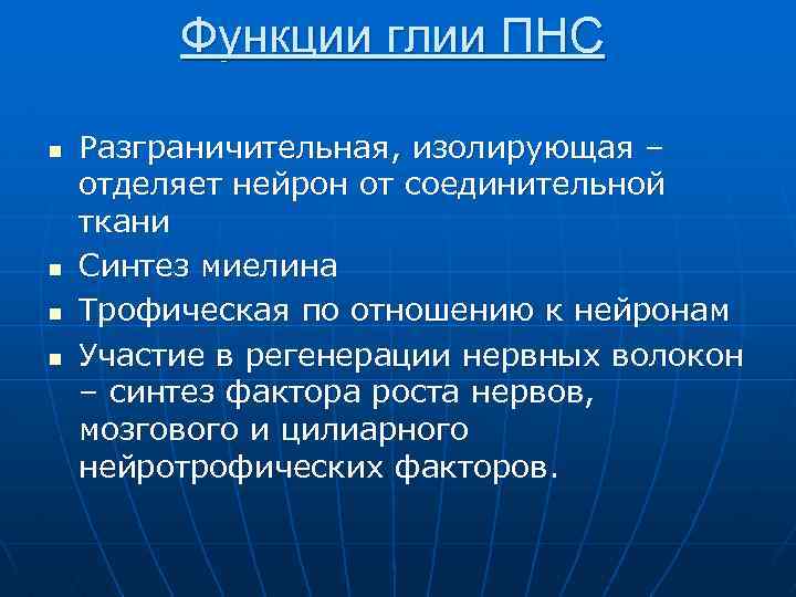 Функции глии ПНС n n Разграничительная, изолирующая – отделяет нейрон от соединительной ткани Синтез