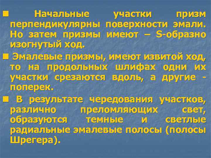 Начальные участки призм перпендикулярны поверхности эмали. Но затем призмы имеют – S-образно изогнутый ход.