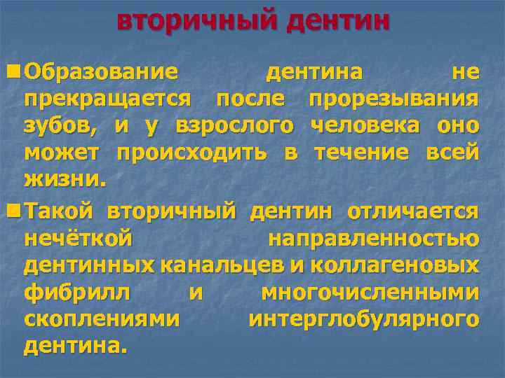 вторичный дентин n Образование дентина не прекращается после прорезывания зубов, и у взрослого человека