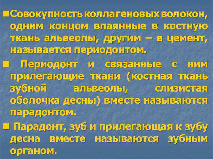 n Совокупность коллагеновых волокон, одним концом впаянные в костную ткань альвеолы, другим – в
