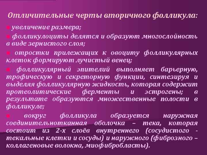 Отличительные черты вторичного фолликула: n увеличение размера; n фолликулоциты делятся и образуют многослойность в