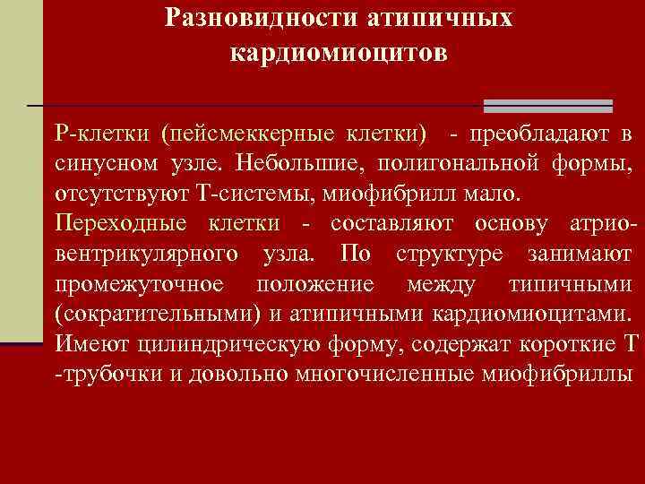 Разновидности атипичных кардиомиоцитов Р-клетки (пейсмеккерные клетки) - преобладают в синусном узле. Небольшие, полигональной формы,