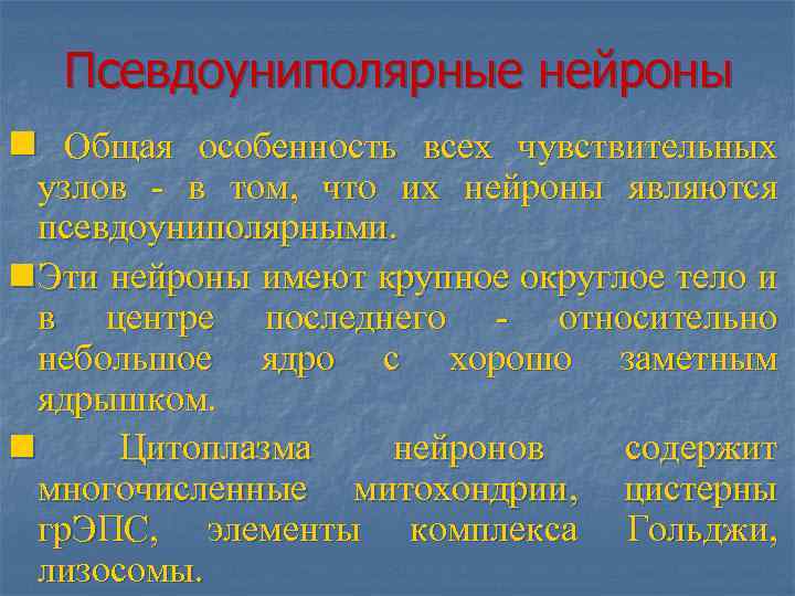 Псевдоуниполярные нейроны n Общая особенность всех чувствительных узлов - в том, что их нейроны