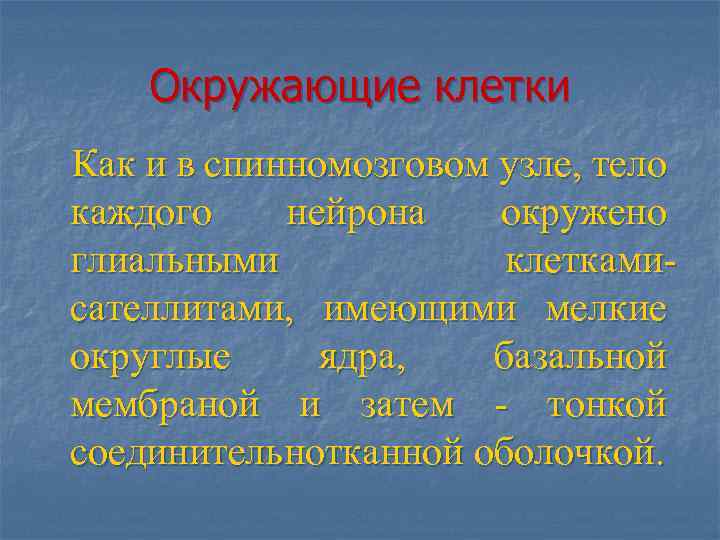 Окружающие клетки Как и в спинномозговом узле, тело каждого нейрона окружено глиальными клеткамисателлитами, имеющими