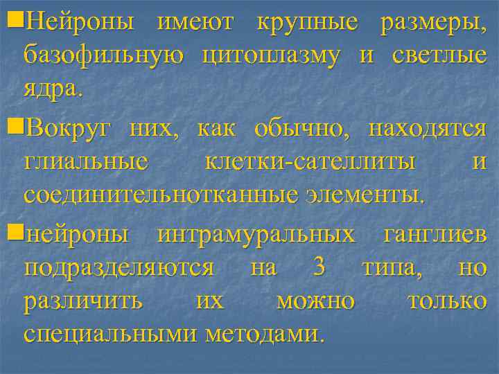 n. Нейроны имеют крупные размеры, базофильную цитоплазму и светлые ядра. n. Вокруг них, как