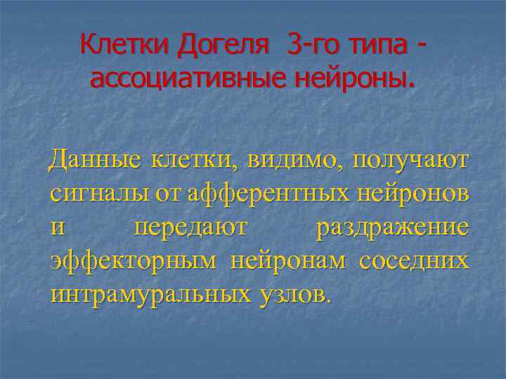 Клетки Догеля 3 -го типа - ассоциативные нейроны. Данные клетки, видимо, получают сигналы от
