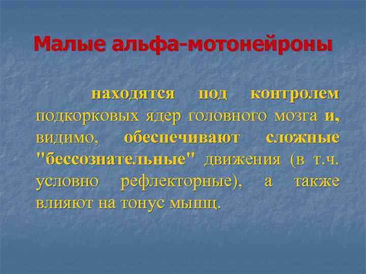 Малые альфа-мотонейроны находятся под контролем подкорковых ядер головного мозга и, видимо, обеспечивают сложные "бессознательные"