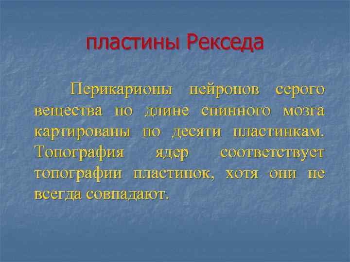 пластины Рекседа Перикарионы нейронов серого вещества по длине спинного мозга картированы по десяти пластинкам.