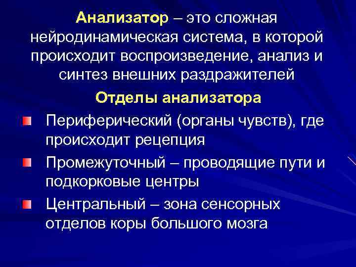 Анализатор – это сложная нейродинамическая система, в которой происходит воспроизведение, анализ и синтез внешних