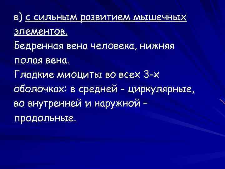 в) с сильным развитием мышечных элементов. Бедренная вена человека, нижняя полая вена. Гладкие миоциты