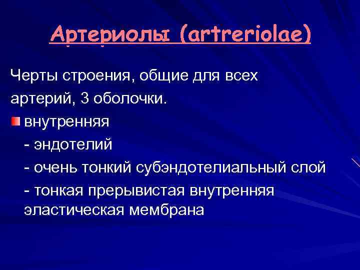 Артериолы (artreriolae) Черты строения, общие для всех артерий, 3 оболочки. внутренняя эндотелий очень тонкий