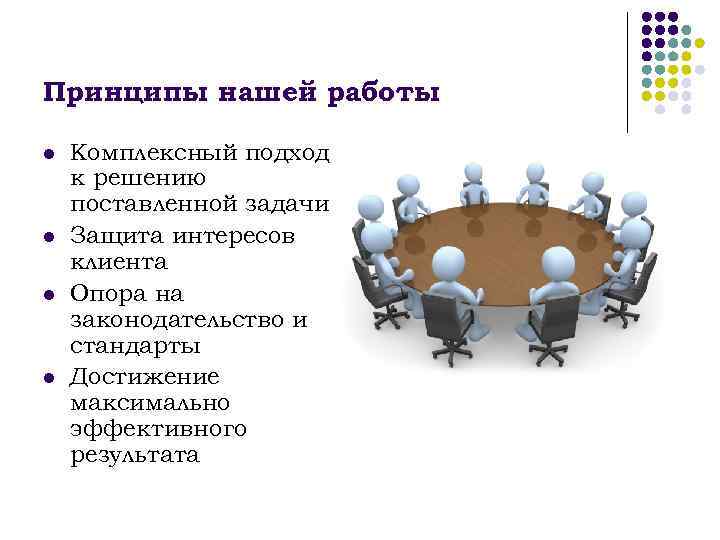 Принципы нашей работы l l Комплексный подход к решению поставленной задачи Защита интересов клиента