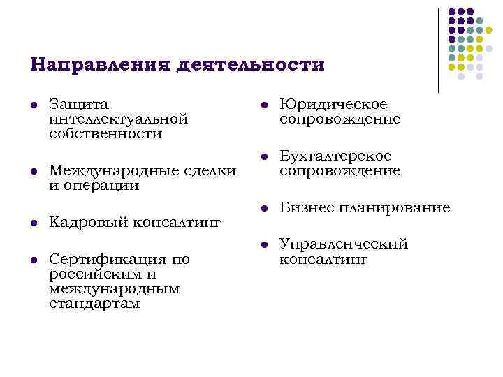 Направления деятельности l l Защита интеллектуальной собственности Международные сделки и операции Кадровый консалтинг Сертификация