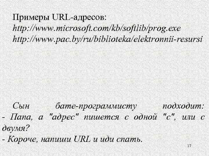 Примеры URL-адресов: http: //www. microsoft. com/kb/softlib/prog. exe http: //www. pac. by/ru/biblioteka/elektronnii-resursi Сын бате-программисту подходит: