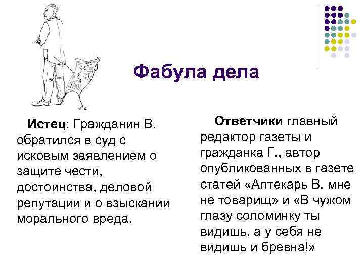 Фабула дела Истец: Гражданин В. обратился в суд с исковым заявлением о защите чести,