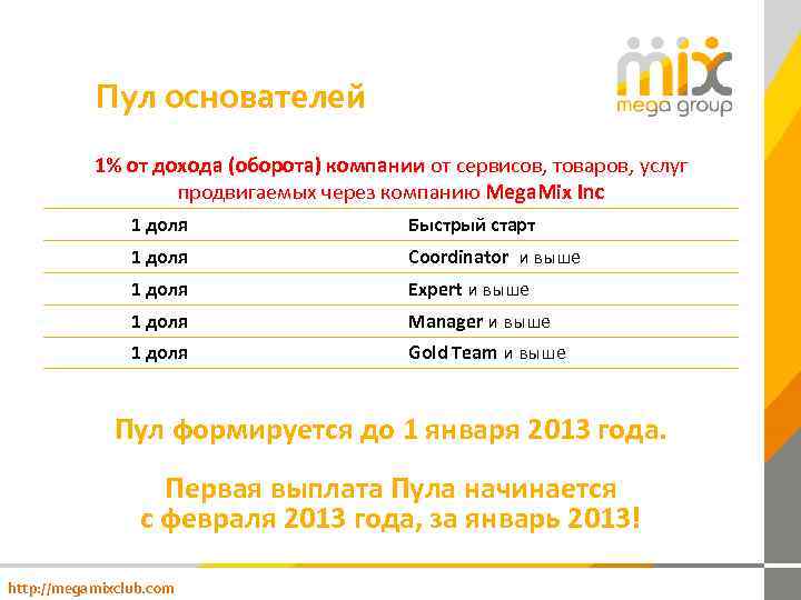 Пул основателей 1% от дохода (оборота) компании от сервисов, товаров, услуг продвигаемых через компанию