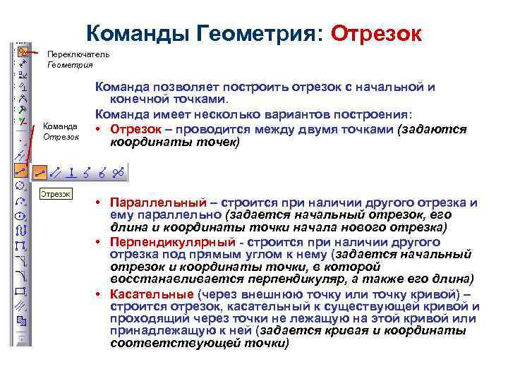 Команды Геометрия: Отрезок Переключатель Геометрия Команда Отрезок Команда позволяет построить отрезок с начальной и