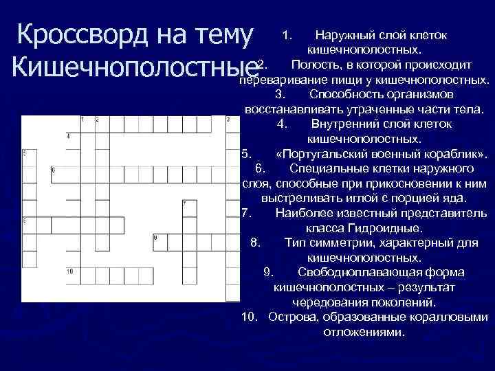 Кроссворд на тему 1. Наружный слой клеток кишечнополостных. Кишечнополостные 2. Полость, в которой происходит