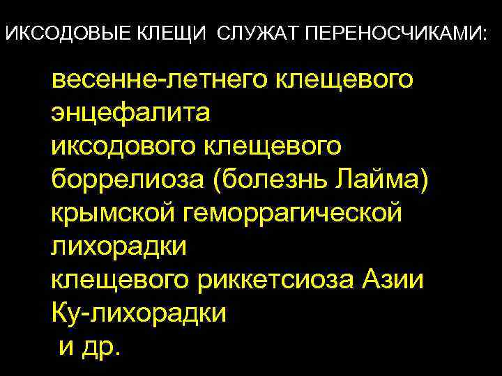 ИКСОДОВЫЕ КЛЕЩИ СЛУЖАТ ПЕРЕНОСЧИКАМИ: весенне-летнего клещевого энцефалита иксодового клещевого боррелиоза (болезнь Лайма) крымской геморрагической