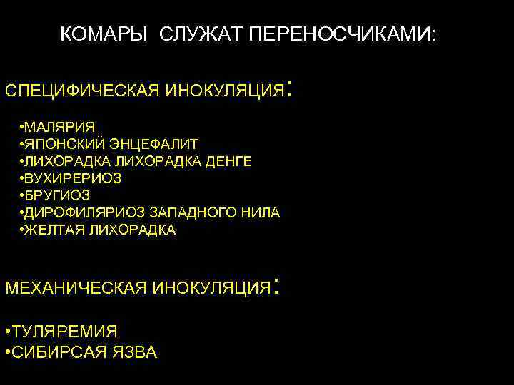 КОМАРЫ СЛУЖАТ ПЕРЕНОСЧИКАМИ: СПЕЦИФИЧЕСКАЯ ИНОКУЛЯЦИЯ • МАЛЯРИЯ • ЯПОНСКИЙ ЭНЦЕФАЛИТ • ЛИХОРАДКА ДЕНГЕ •