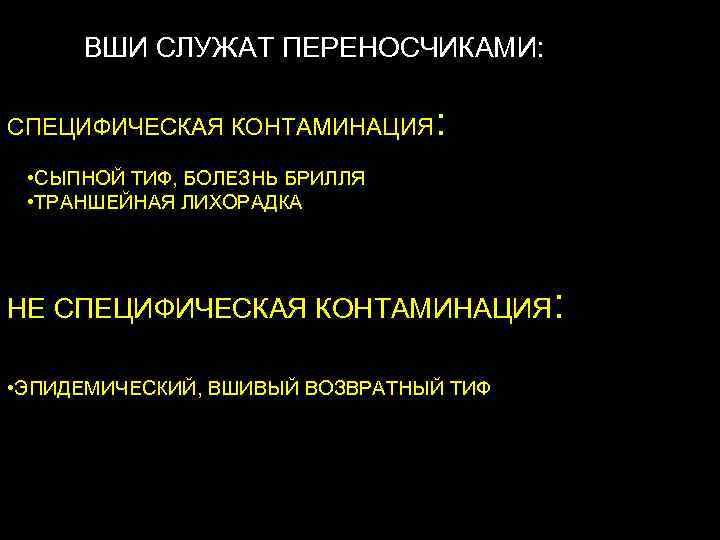 ВШИ СЛУЖАТ ПЕРЕНОСЧИКАМИ: СПЕЦИФИЧЕСКАЯ КОНТАМИНАЦИЯ : • СЫПНОЙ ТИФ, БОЛЕЗНЬ БРИЛЛЯ • ТРАНШЕЙНАЯ ЛИХОРАДКА
