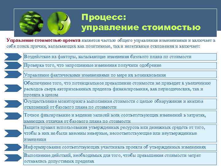 Процесс: управление стоимостью Управление стоимостью проекта является частью общего управления изменениями и включает в