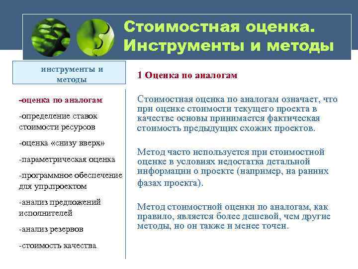 Стоимостная оценка. Инструменты и методы инструменты и методы -оценка по аналогам -определение ставок стоимости