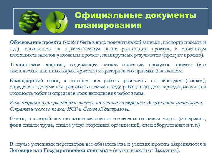 Официальные документы планирования Обоснование проекта (может быть в виде пояснительной записки, паспорта проекта и