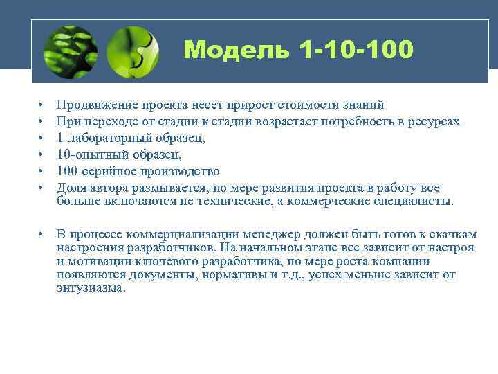 Модель 1 -10 -100 • • • Продвижение проекта несет прирост стоимости знаний При