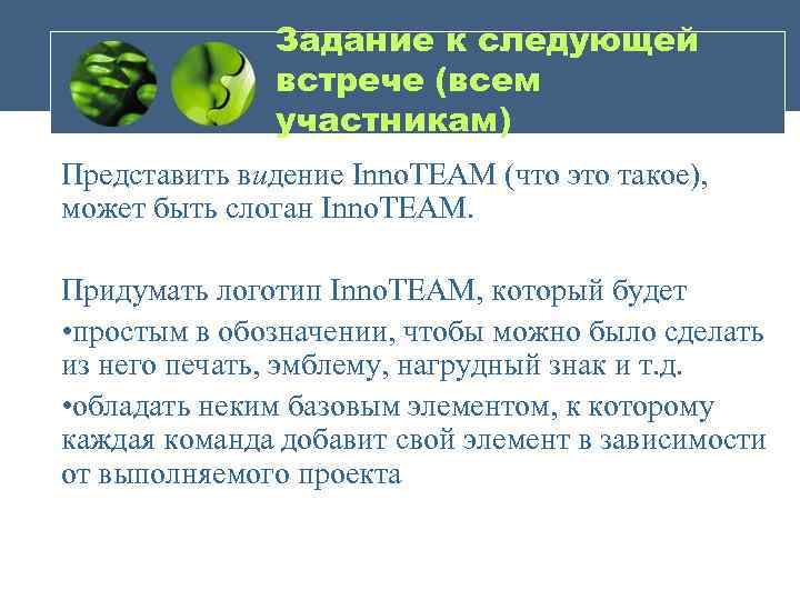 Задание к следующей встрече (всем участникам) Представить видение Inno. TEAM (что это такое), может