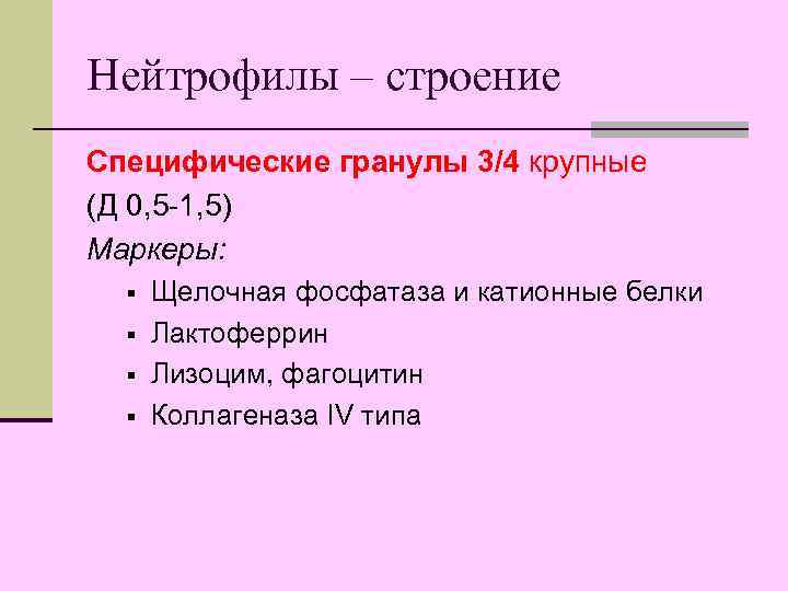 Нейтрофилы – строение Специфические гранулы 3/4 крупные (Д 0, 5 -1, 5) Маркеры: §